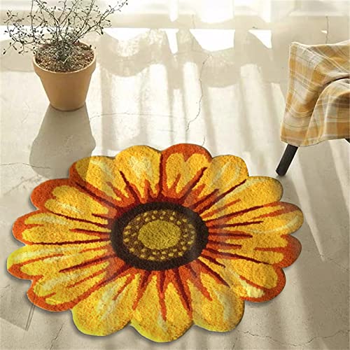 Syhonic Handmade Sunflower Rug Mat 25×25 Inch Flower Shape Floor Mat Washable Non-Slip Bath Mat Floor Rugs for Bedroom,Living Room,Kitchen,Bathroom(Yellow)