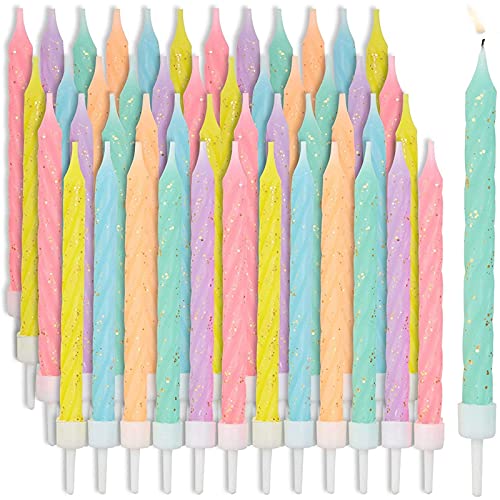 Multicolored Pastel Thin Birthday Cake Candles in Holders (3 in., 48 Pack)