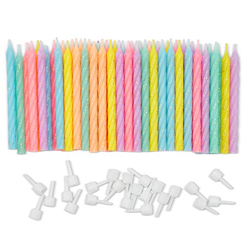 Multicolored Pastel Thin Birthday Cake Candles in Holders (3 in., 48 Pack)