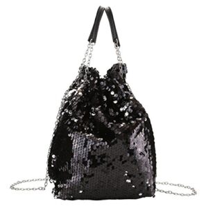 ayliss women drawstring bucket bag reversible mermaid sequin chain shoulder bag crossbody handbags (black)
