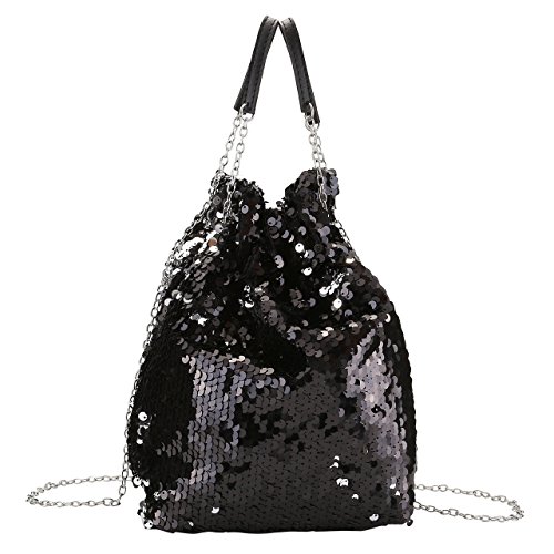 Ayliss Women Drawstring Bucket Bag Reversible Mermaid Sequin Chain Shoulder Bag Crossbody Handbags (Black)