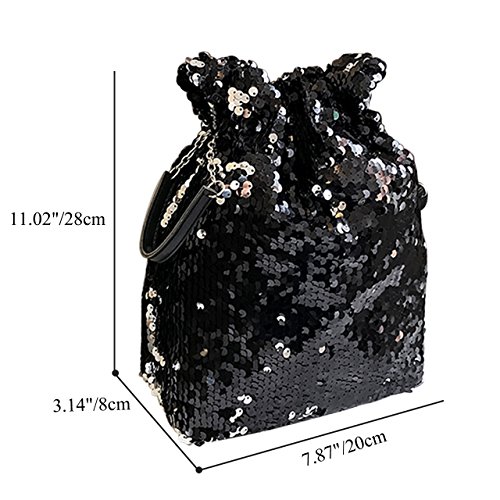 Ayliss Women Drawstring Bucket Bag Reversible Mermaid Sequin Chain Shoulder Bag Crossbody Handbags (Black)