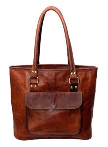 leather castle tote bag women handbag shopping travel shoulder bag, 16 inch, brown, medium