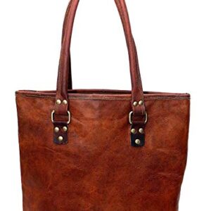 Leather Castle Tote Bag Women Handbag Shopping Travel Shoulder Bag, 16 Inch, Brown, Medium