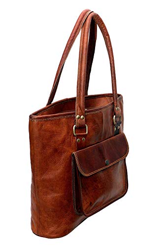 Leather Castle Tote Bag Women Handbag Shopping Travel Shoulder Bag, 16 Inch, Brown, Medium