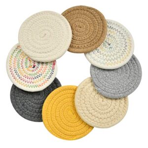 BUYGOO 8Pcs Braided Cup Coasters, Cotton Round Woven Cute Coasters Drink Absorbent Woven Coasters - Super Absorbent Heat-Resistant Thicken Non-Slip Braided Coasters for Drinks, Great Housewarming Gift