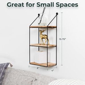 Greenco Geometric 3 Tier Mounted Floating Shelves, Home Decor, Metal Wire and Rustic Wood Wall Storage Shelves for Bedroom, Living Room, Bathroom, Kitchen, Office, Natural Finish