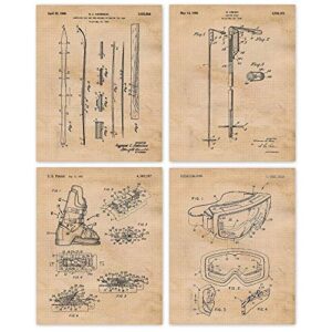 vintage ski equipments patent prints, 4 (8×10) unframed photos, wall art decor gifts under 20 for home office man cave garage shop college student teacher coach winter x-games team champion sports fan
