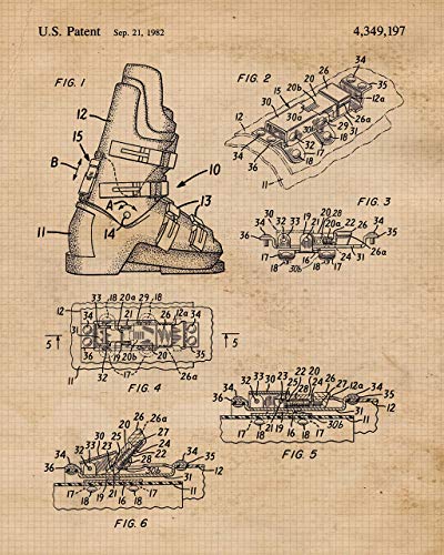 Vintage Ski Equipments Patent Prints, 4 (8x10) Unframed Photos, Wall Art Decor Gifts Under 20 for Home Office Man Cave Garage Shop College Student Teacher Coach Winter X-Games Team Champion Sports Fan