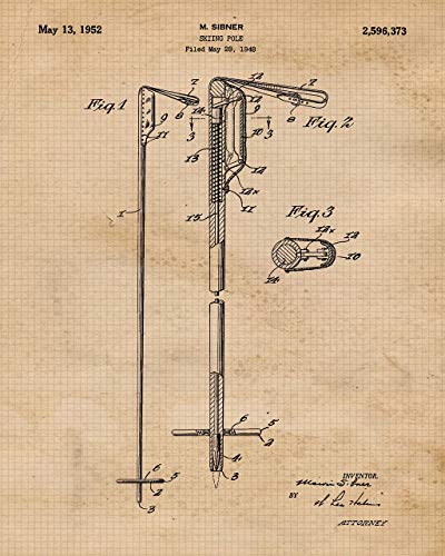 Vintage Ski Equipments Patent Prints, 4 (8x10) Unframed Photos, Wall Art Decor Gifts Under 20 for Home Office Man Cave Garage Shop College Student Teacher Coach Winter X-Games Team Champion Sports Fan