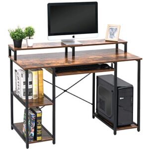 topsky computer desk with storage shelves/23.2” keyboard tray/monitor stand study table for home office(46.5×19 inch, rustic brown)
