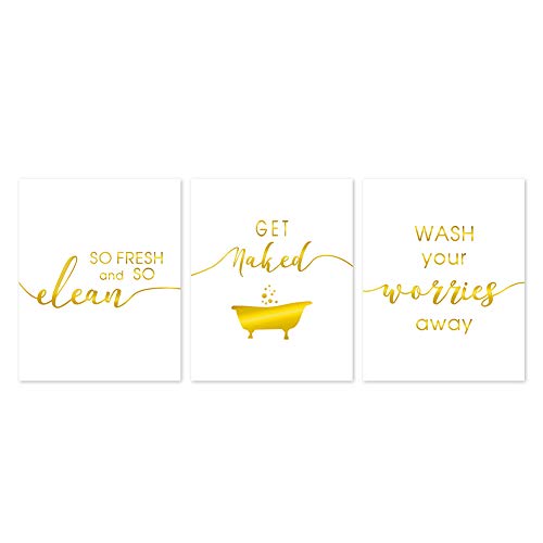 LHIUEM Funny Bathroom Quotes Gold Foil Print, Wash Your Worries Away-So Fresh and So Clean Cardstock Art Print Poster