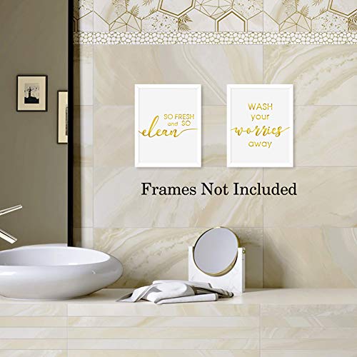 LHIUEM Funny Bathroom Quotes Gold Foil Print, Wash Your Worries Away-So Fresh and So Clean Cardstock Art Print Poster