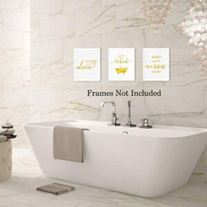 LHIUEM Funny Bathroom Quotes Gold Foil Print, Wash Your Worries Away-So Fresh and So Clean Cardstock Art Print Poster