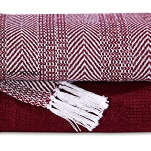 Luxurious Hand Woven Cozy Warm Combed Cotton All Season Indoor Outdoor Light Weight Fade Resistant Couch Chair Bed Throw Blankets Batik 50x60 Inch Set of 2 (Burgundy)