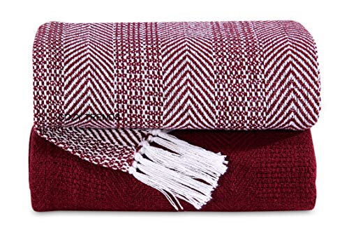 Luxurious Hand Woven Cozy Warm Combed Cotton All Season Indoor Outdoor Light Weight Fade Resistant Couch Chair Bed Throw Blankets Batik 50x60 Inch Set of 2 (Burgundy)