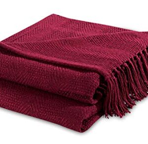 Luxurious Hand Woven Cozy Warm Combed Cotton All Season Indoor Outdoor Light Weight Fade Resistant Couch Chair Bed Throw Blankets Batik 50x60 Inch Set of 2 (Burgundy)