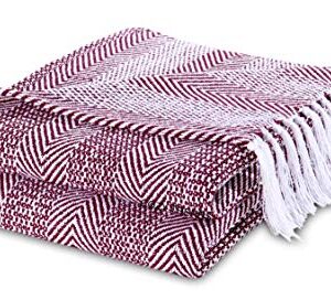 Luxurious Hand Woven Cozy Warm Combed Cotton All Season Indoor Outdoor Light Weight Fade Resistant Couch Chair Bed Throw Blankets Batik 50x60 Inch Set of 2 (Burgundy)