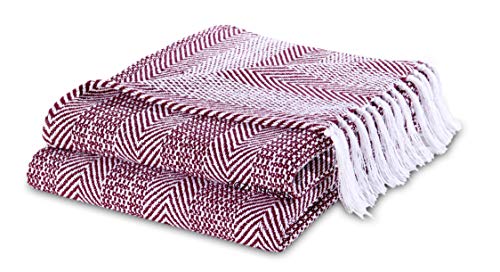 Luxurious Hand Woven Cozy Warm Combed Cotton All Season Indoor Outdoor Light Weight Fade Resistant Couch Chair Bed Throw Blankets Batik 50x60 Inch Set of 2 (Burgundy)