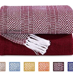 Luxurious Hand Woven Cozy Warm Combed Cotton All Season Indoor Outdoor Light Weight Fade Resistant Couch Chair Bed Throw Blankets Batik 50x60 Inch Set of 2 (Burgundy)