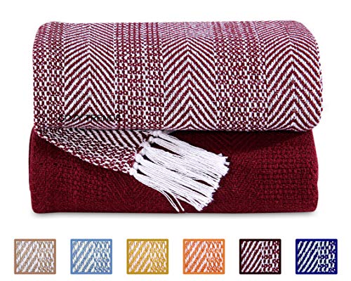 Luxurious Hand Woven Cozy Warm Combed Cotton All Season Indoor Outdoor Light Weight Fade Resistant Couch Chair Bed Throw Blankets Batik 50x60 Inch Set of 2 (Burgundy)