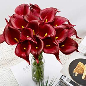 DuHouse 20Pcs Calla Lily Fake Burgundy Flowers Wedding Bouquet Artificial Real Touch Latex Flowers Home Wedding Party Decor (Burgundy)