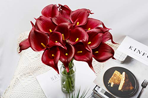 DuHouse 20Pcs Calla Lily Fake Burgundy Flowers Wedding Bouquet Artificial Real Touch Latex Flowers Home Wedding Party Decor (Burgundy)