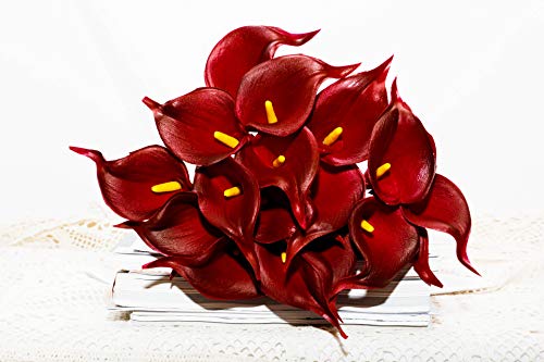 DuHouse 20Pcs Calla Lily Fake Burgundy Flowers Wedding Bouquet Artificial Real Touch Latex Flowers Home Wedding Party Decor (Burgundy)