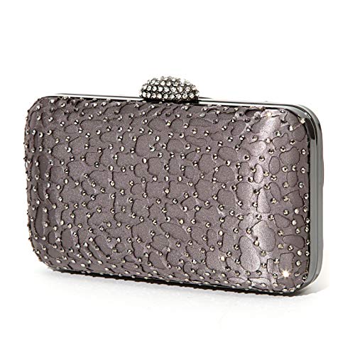 Lace Embellished evening bag with rhinestone closure, JEWEL BAG PEWTER