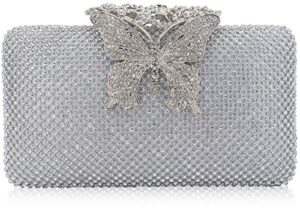 dexmay rhinestone crystal clutch purse butterfly clasp women evening bag for formal party silver
