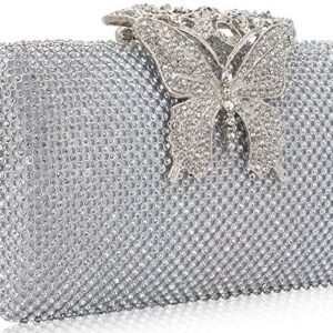 Dexmay Rhinestone Crystal Clutch Purse Butterfly Clasp Women Evening Bag for Formal Party Silver