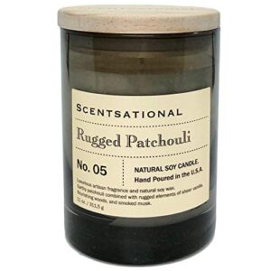 scentsational rugged patchouli candle, medium, amber