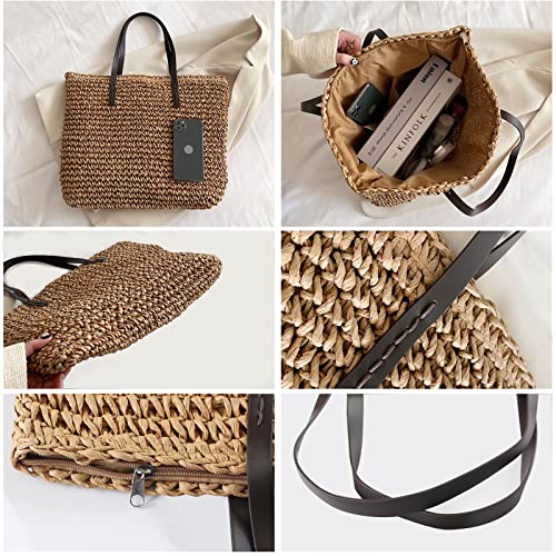 VODIU Women Straw Woven Tote Large Beach Handmade Weaving Shoulder Bag Handbag