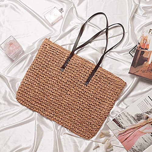 VODIU Women Straw Woven Tote Large Beach Handmade Weaving Shoulder Bag Handbag