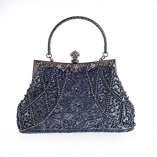 Vintage Beaded and Sequined Women Evening Bag Evening Purse Clutch Bag Grey-Blue