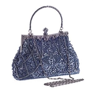 Vintage Beaded and Sequined Women Evening Bag Evening Purse Clutch Bag Grey-Blue