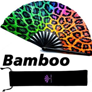 Fansay Fans - Large Hand Folding Fan for Men/Women Chinese/Japanese Bamboo with Leather Cloth Fabric Dance Festival Fan Handheld Folding Fans (Rainbow Cheetah)