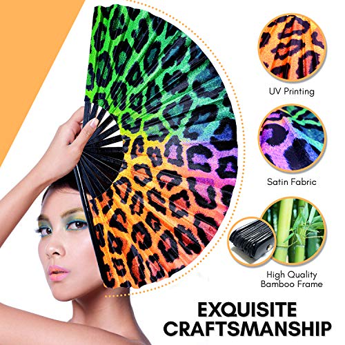 Fansay Fans - Large Hand Folding Fan for Men/Women Chinese/Japanese Bamboo with Leather Cloth Fabric Dance Festival Fan Handheld Folding Fans (Rainbow Cheetah)