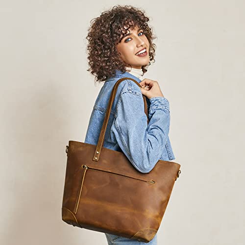 S-ZONE Vintage Genuine Leather Shoulder Tote Bag for Women Purse Handbag with Back Zipper Pocket Large