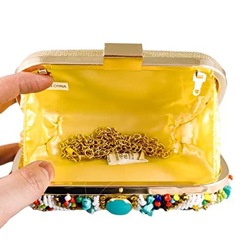 Vintage Colorful Stones Women Beaded Clutch Bag Evening Wedding Handbags Purses (Gold)
