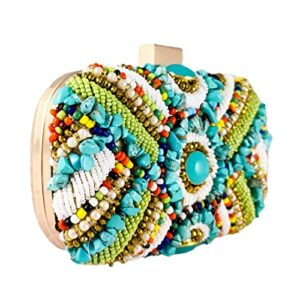 Vintage Colorful Stones Women Beaded Clutch Bag Evening Wedding Handbags Purses (Gold)