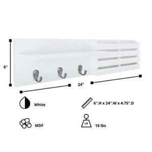 kieragrace KG Sydney Wall Shelf and Mail Holder with 3 Hooks - White, 24" (FN00377-5)