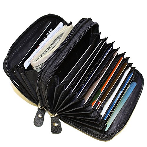 Leatherboss Genuine Leather Rfid Safe Double Zipper Accordion Wallet Organizer For Men Women, Black