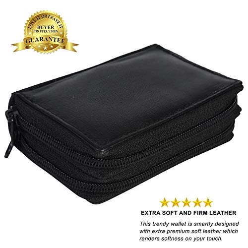 Leatherboss Genuine Leather Rfid Safe Double Zipper Accordion Wallet Organizer For Men Women, Black