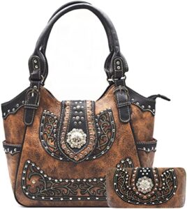 western style rhinestone conchos studded floral conceal carry purse country handbag women shoulder bag wallet set brown