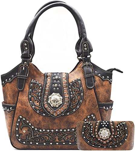 Western Style Rhinestone Conchos Studded Floral Conceal Carry Purse Country Handbag Women Shoulder Bag Wallet Set Brown