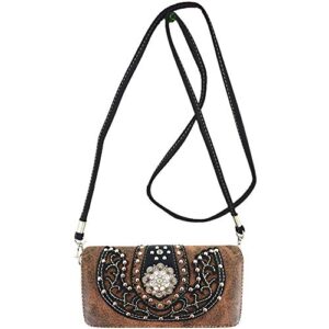 Western Style Rhinestone Conchos Studded Floral Conceal Carry Purse Country Handbag Women Shoulder Bag Wallet Set Brown