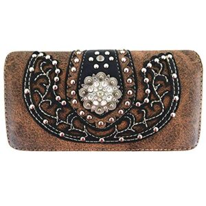 Western Style Rhinestone Conchos Studded Floral Conceal Carry Purse Country Handbag Women Shoulder Bag Wallet Set Brown