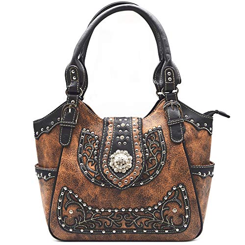Western Style Rhinestone Conchos Studded Floral Conceal Carry Purse Country Handbag Women Shoulder Bag Wallet Set Brown