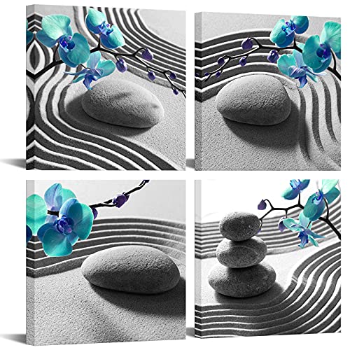 Nachic Wall 4 Piece Bedroom Wall Art Elegant Blue Phalaenopsis Orchids Pictures Massage Stone Canvas Prints Artwork Relaxation Zen Spa Decor for Bathroom Framed Ready to Hang (12"x12"x4)